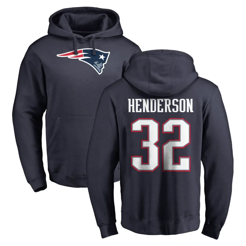 Yuxns NE.Patriots #32 TreVeyon Henderson Player Navy LOGO Pullover Hoodies Home Game Stitched Jerseys