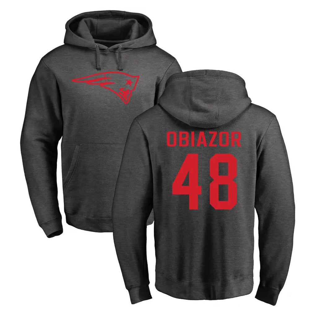 Yuxns NE.Patriots #48 Namdi Obiazor Player Gray Pullover Hoodies Home Game Stitched Jerseys