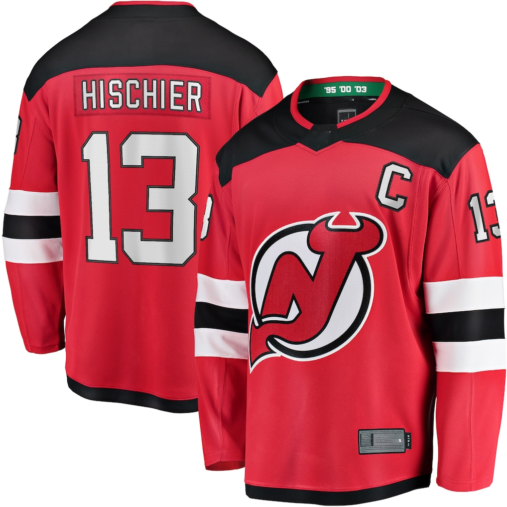 Yuxns NJ.Devils #13 Nico Hischier Red Captain Patch Home Breakaway Jerseys