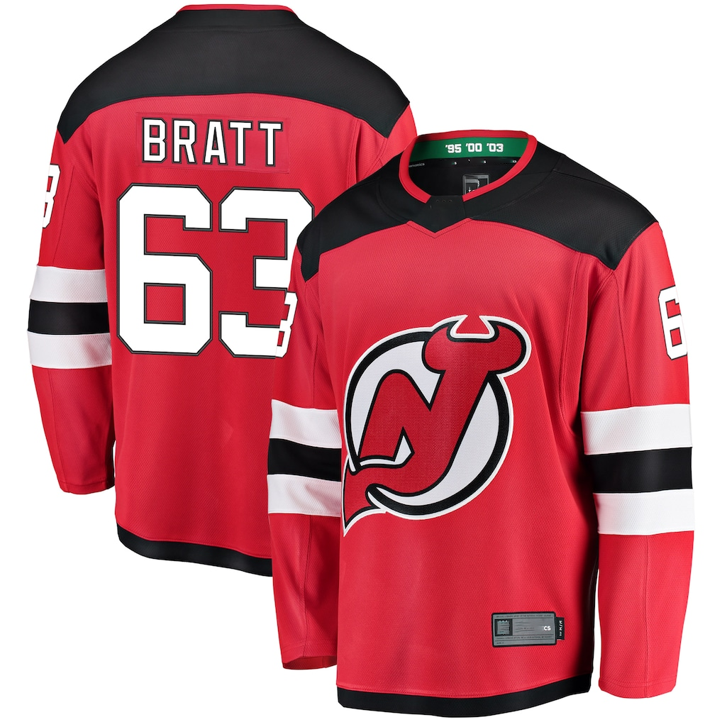 Yuxns NJ.Devils #63 Jesper Bratt Red Home Breakaway Player Jerseys