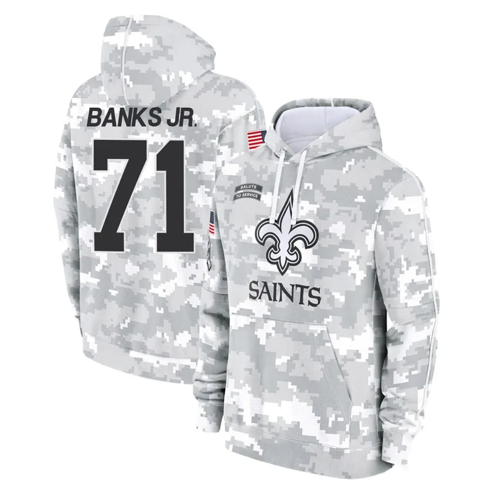 Yuxns NO.Saints #71 Kelvin Banks Jr. Player Arctic Camo Salute to Service Pullover Hoodies Limited Game Stitched Jerseys