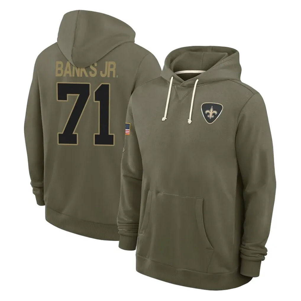 Yuxns NO.Saints #71 Kelvin Banks Jr. Player Olive Salute to Service Pullover Hoodies Limited Stitched Jerseys