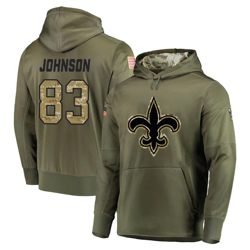 Yuxns NO.Saints #83 Juwan Johnson Player Olive Salute to Service Pullover Hoodies Home Game Stitched Jerseys