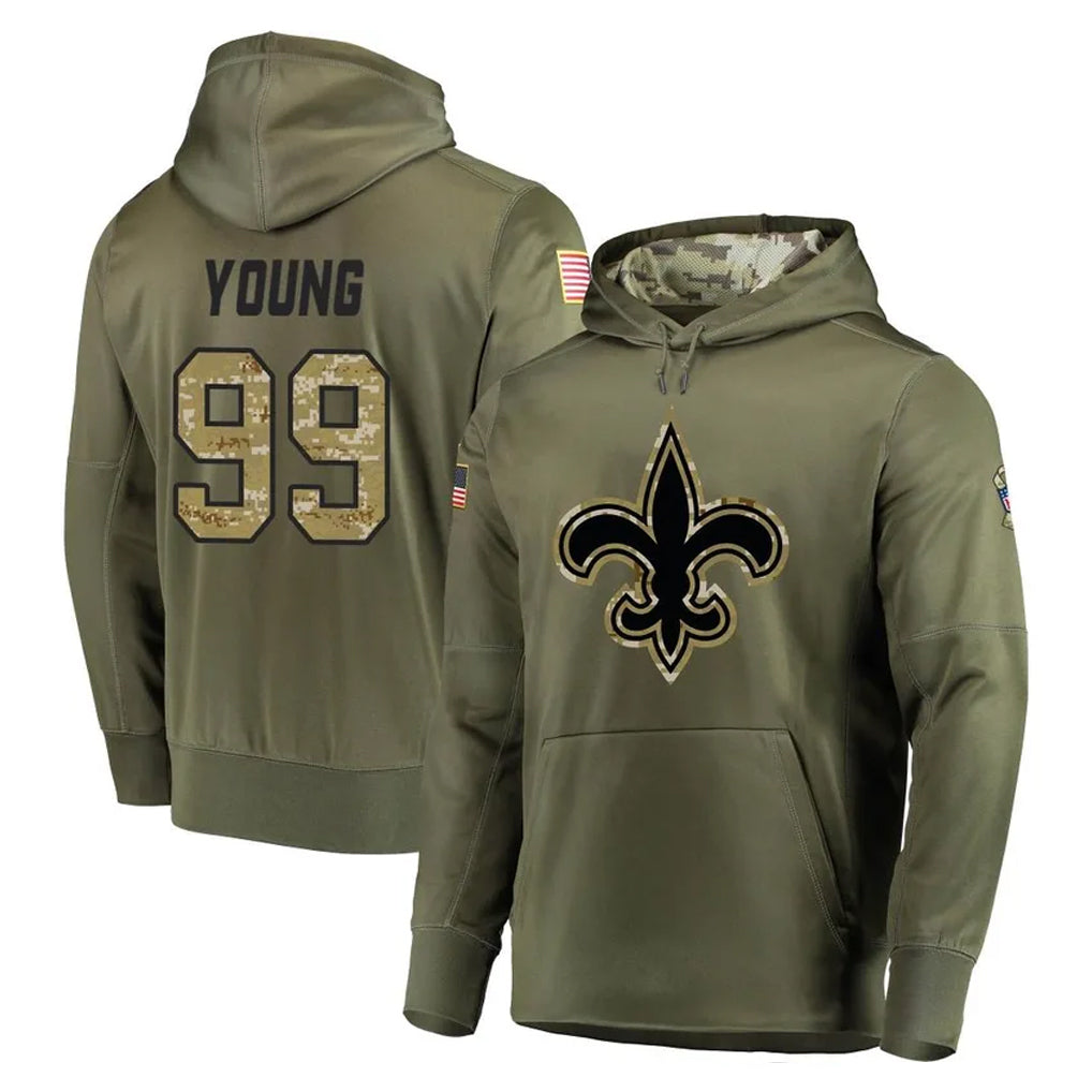 Yuxns NO.Saints #99 Chase Young Player Olive Salute to Service Pullover Hoodies Home Game Stitched Jerseys