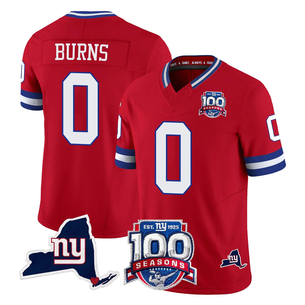 Yuxns NY.Giants #0 Brian Burns Player Red 100th Season & State Patch Vapor Limited Home Game Stitched Jerseys