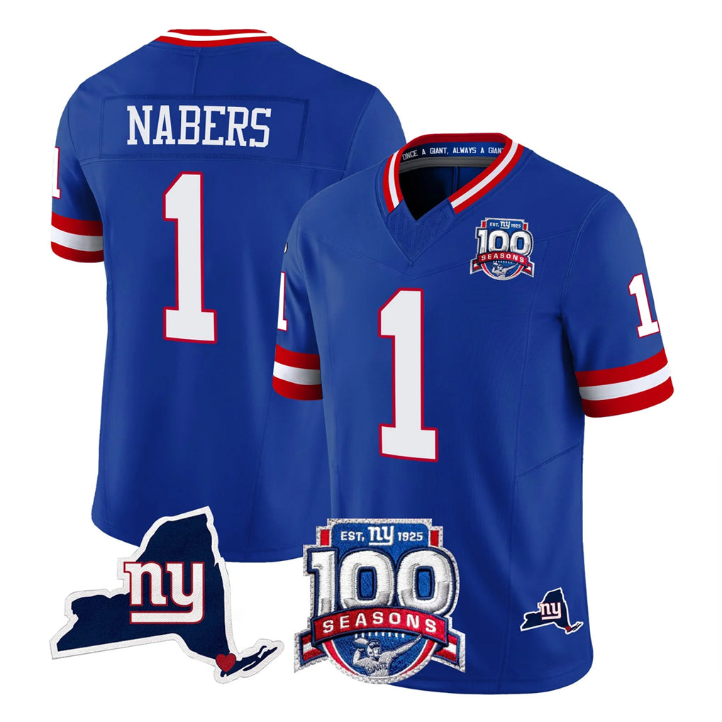 Yuxns NY.Giants #1 Malik Nabers Player Royal 100th Season & State Patch Vapor Limited Home Game Stitched Jerseys