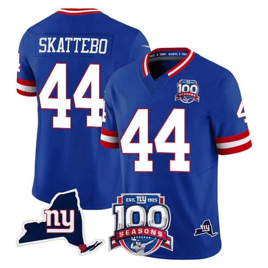 Yuxns NY.Giants #44 Cam Skattebo Player Royal 100th Season & State Patch Vapor Limited Home Game Stitched Jerseys