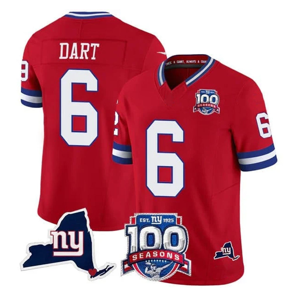 Yuxns NY.Giants #6 Jaxson Dart Player Red 100th Season & State Patch Vapor Limited Home Game Stitched Jerseys