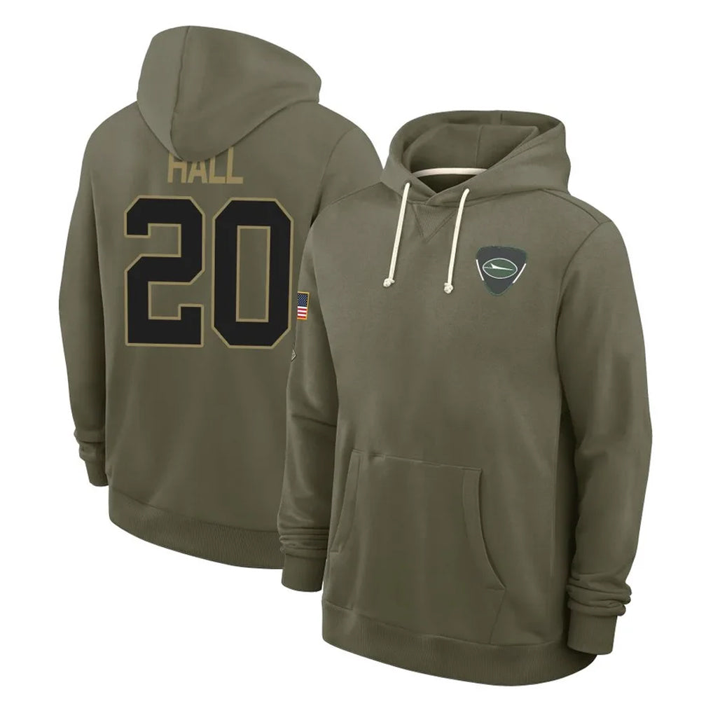 Yuxns NY.Jets #20 Breece Hall Player Olive Salute to Service Pullover Hoodies Limited Stitched Jerseys