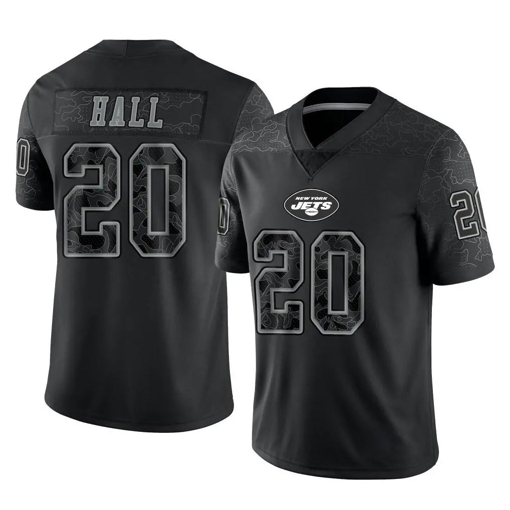 Yuxns NY.Jets #20 Breece Hall Player Stealth Black Limited Reflective Home Game Stitched Jerseys