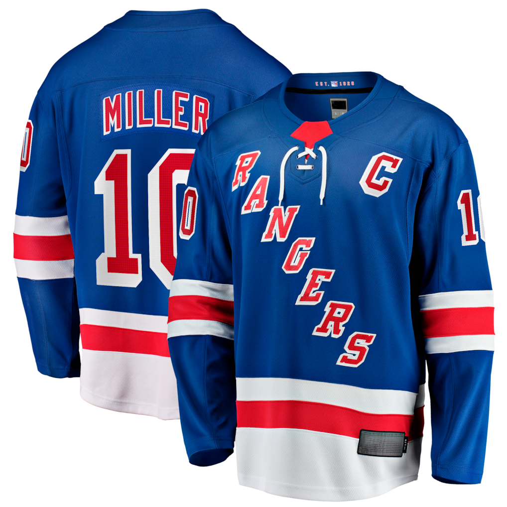 Yuxns NY.Rangers #10 JT Miller Blue Home Captain's Patch Breakaway Jerseys