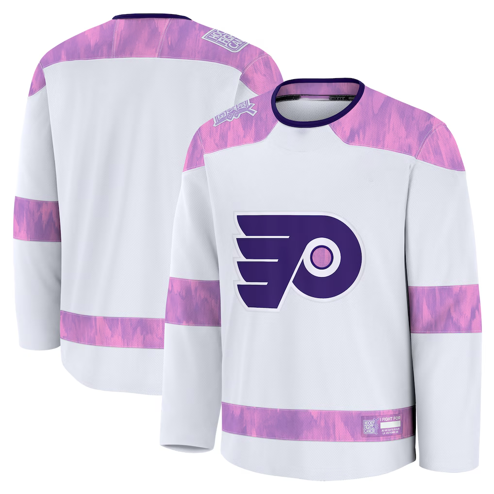 Yuxns P.Flyers White 2024 Hockey Fights Cancer Practice Jerseys