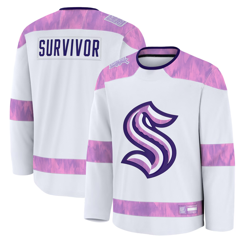Yuxns S.Kraken White Hockey Fights Cancer Survivor Practice Jerseys