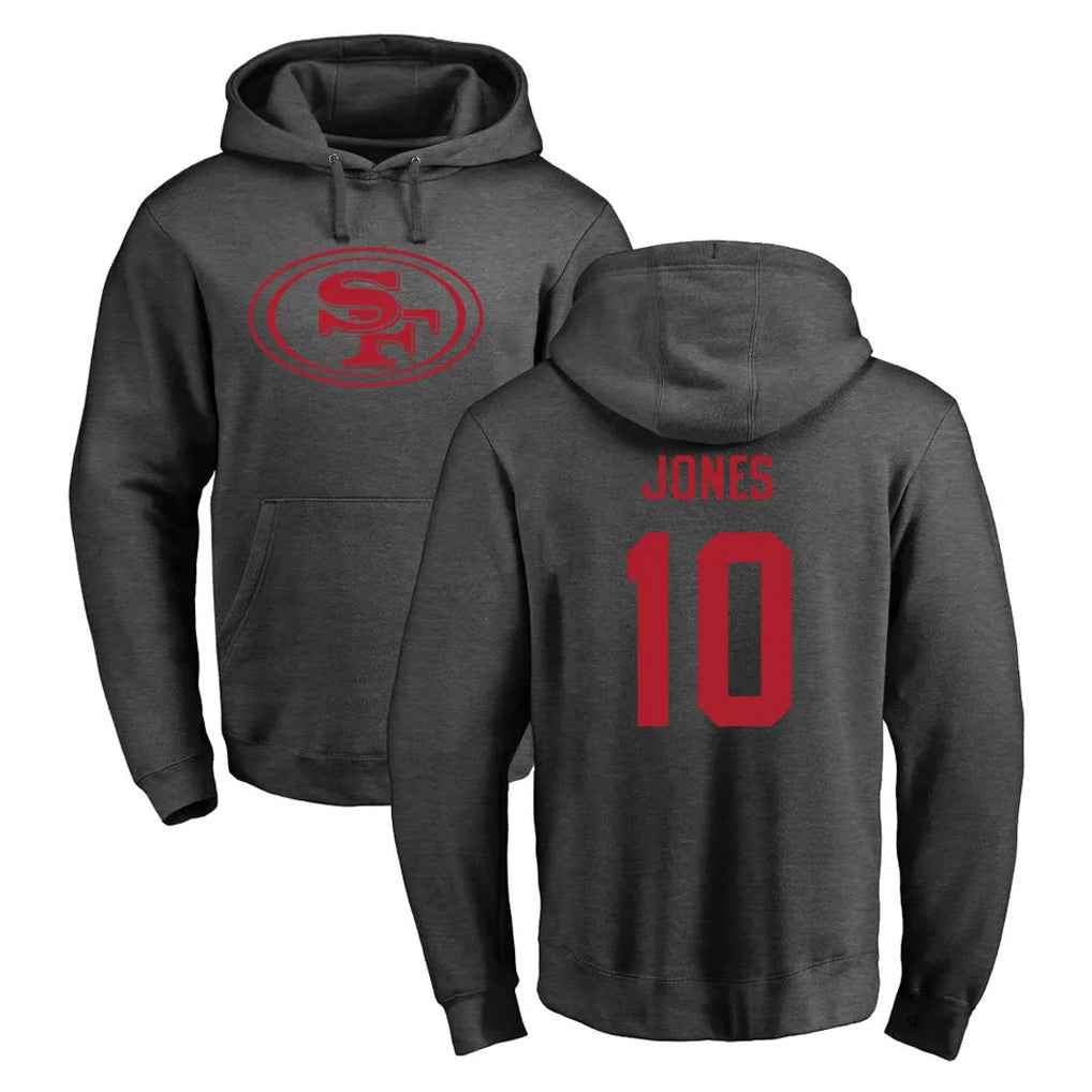 Yuxns SF.49ers #10 Mac Jones Player Anthracite Pullover Hoodies Home Game Stitched Jerseys