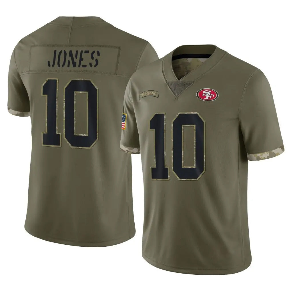 Yuxns SF.49ers #10 Mac Jones Player Olive Limited Salute To Service Home Game Stitched Jerseys