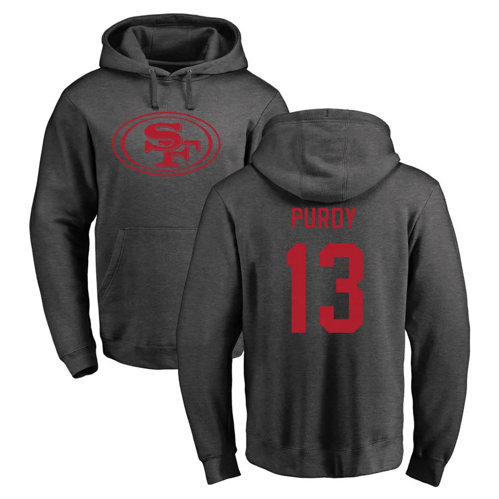 Yuxns SF.49ers #13 Brock Purdy Player Anthracite Pullover Hoodies Home Game Stitched Jerseys