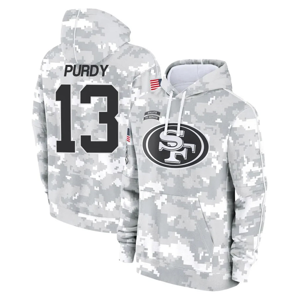 Yuxns SF.49ers #13 Brock Purdy Player Arctic Camo Limited Salute to Service Pullover Hoodies Game Stitched Jerseys