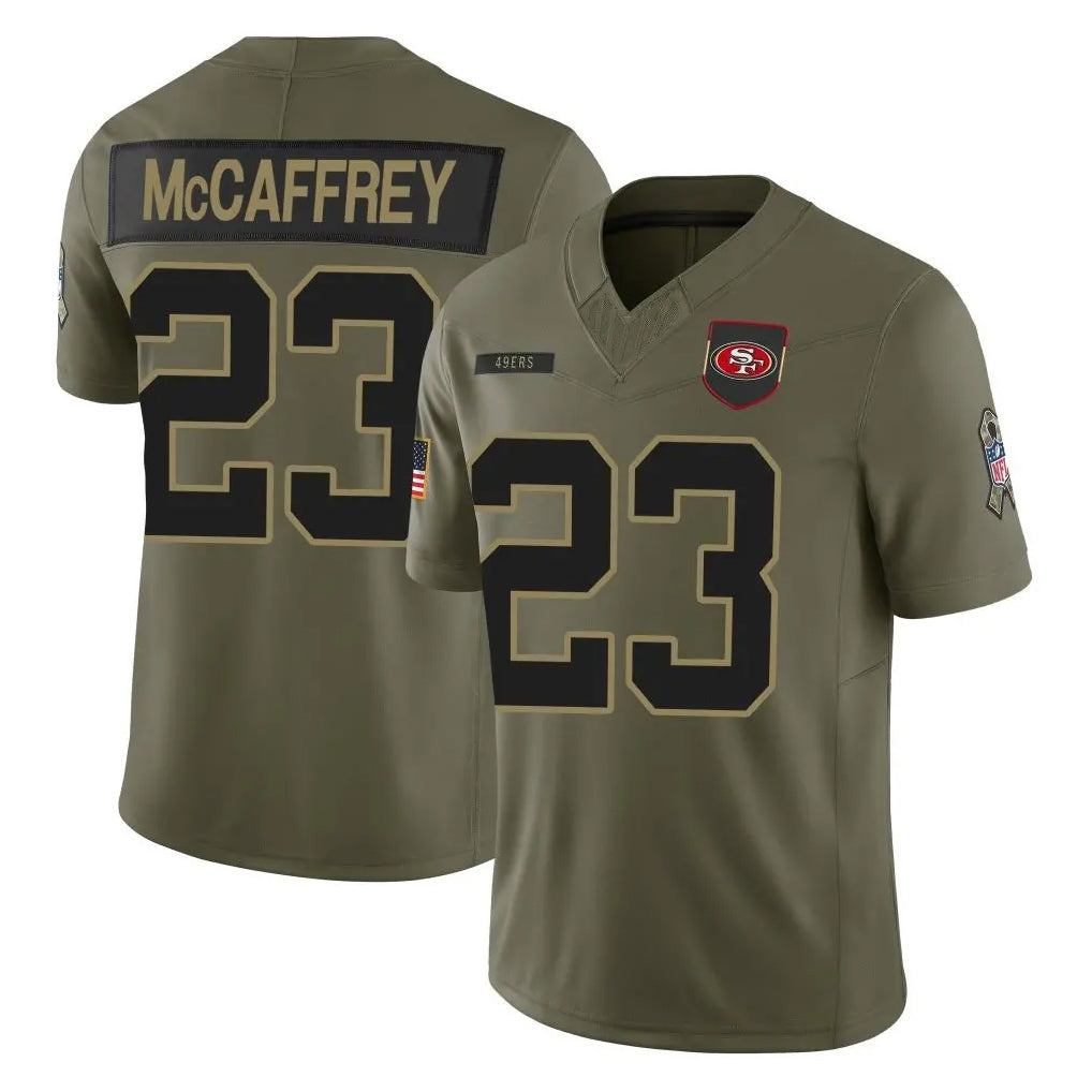 Yuxns SF.49ers #23 Christian McCaffrey Player Olive 2025 Salute To Service Limited Home Game Stitched Jerseys