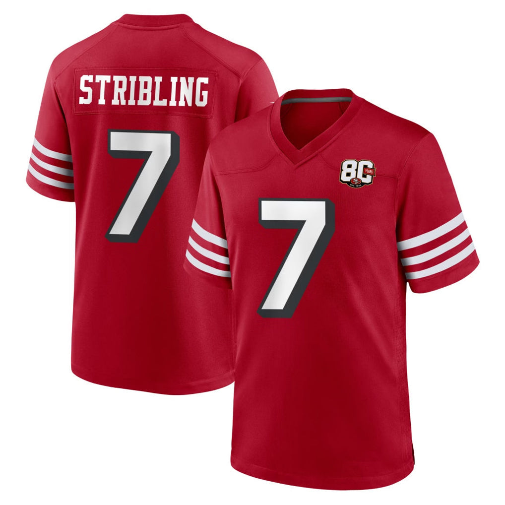 Yuxns SF.49ers #7 De'Zhaun Stribling Player Red 80th Game Home Stitched Jerseys