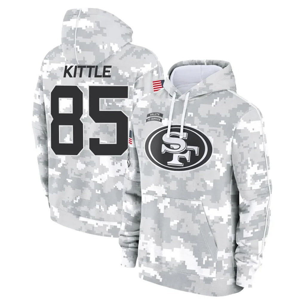Yuxns SF.49ers #85 George Kittle Player Arctic Camo Salute to Service Hoodies Stitched Jerseys