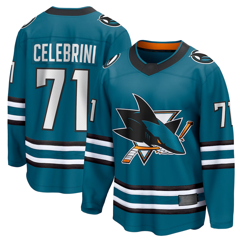 Yuxns SJ.Sharks #71 Macklin Celebrini Teal Home Breakaway Jerseys