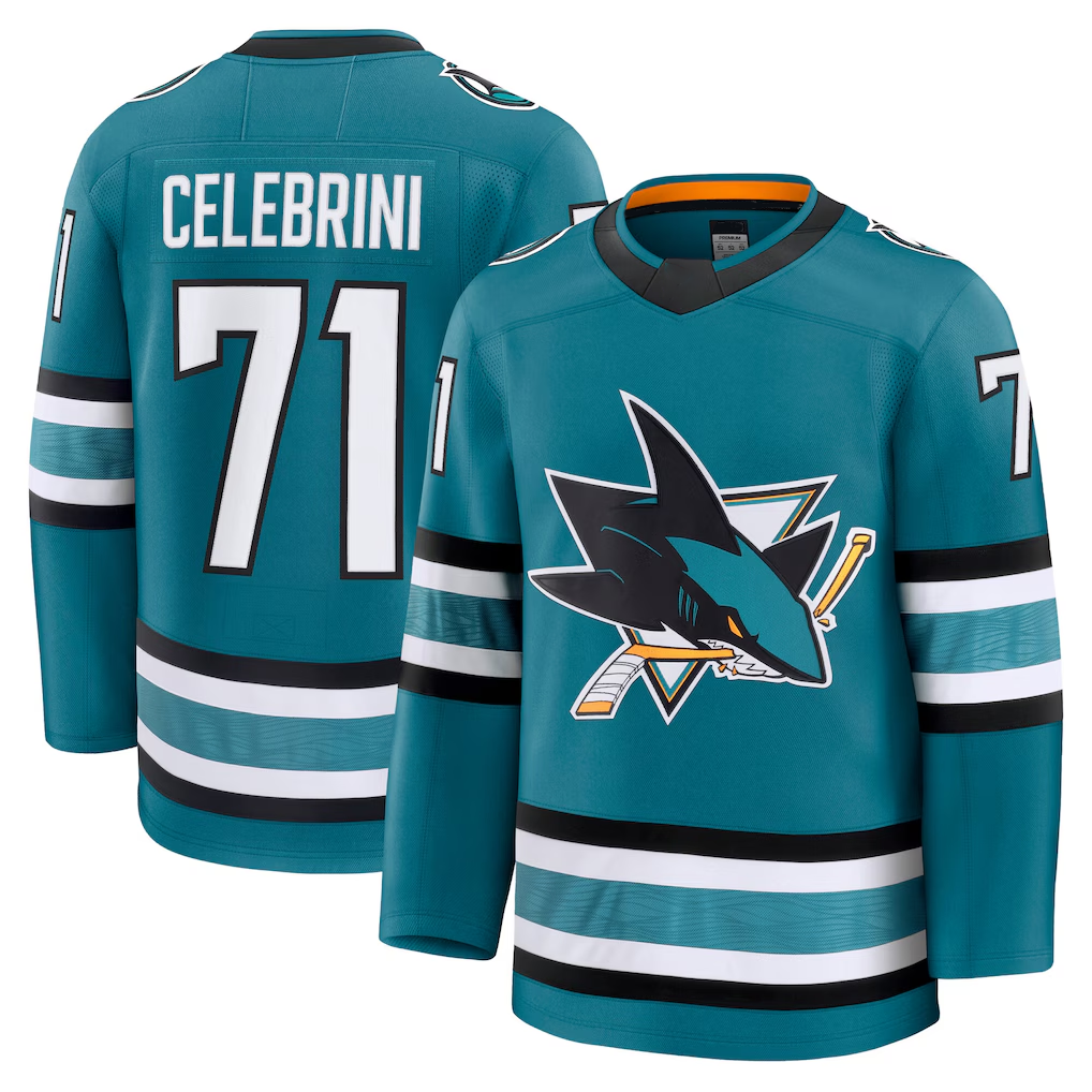 Yuxns SJ.Sharks #71 Macklin Celebrini Teal Home Premium Jerseys