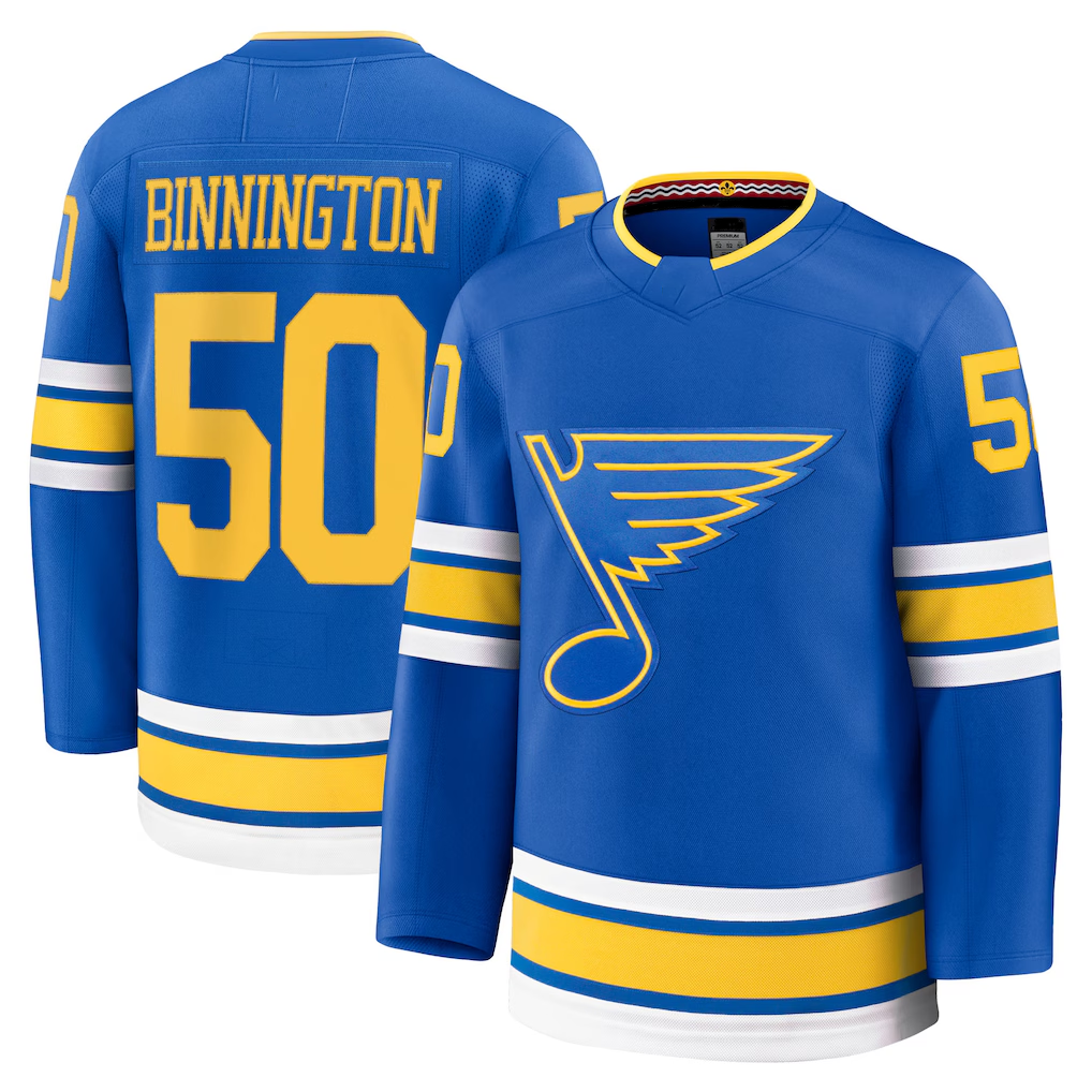 Yuxns SL.Blues #50 Jordan Binnington White Away Breakaway Player Jerseys