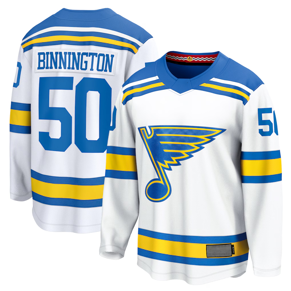 Yuxns SL.Blues #50 Jordan Binnington White Away Breakaway Player Jerseys