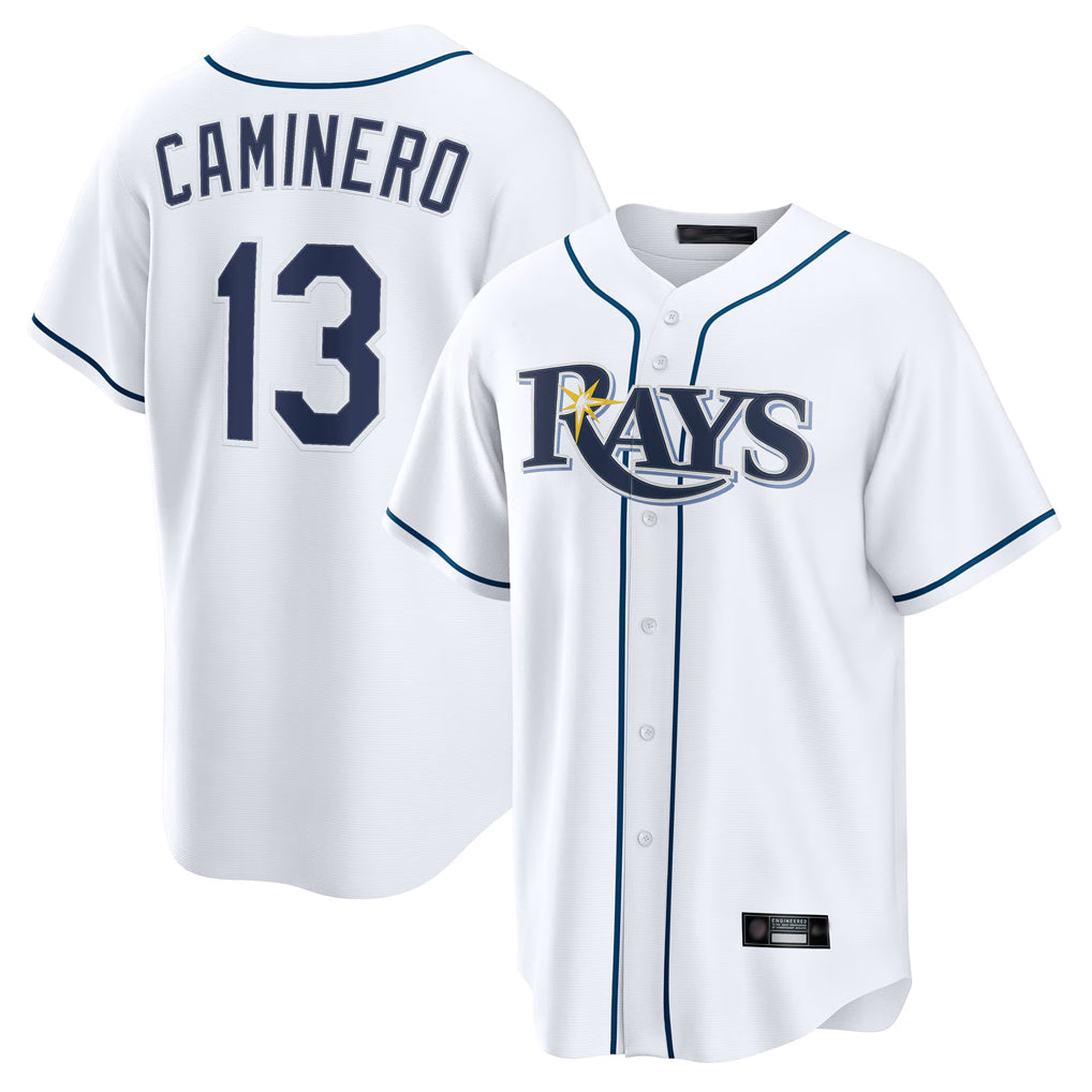Yuxns T.Bay Rays #13 Junior Caminero Player White Home Game Stitched Jerseys