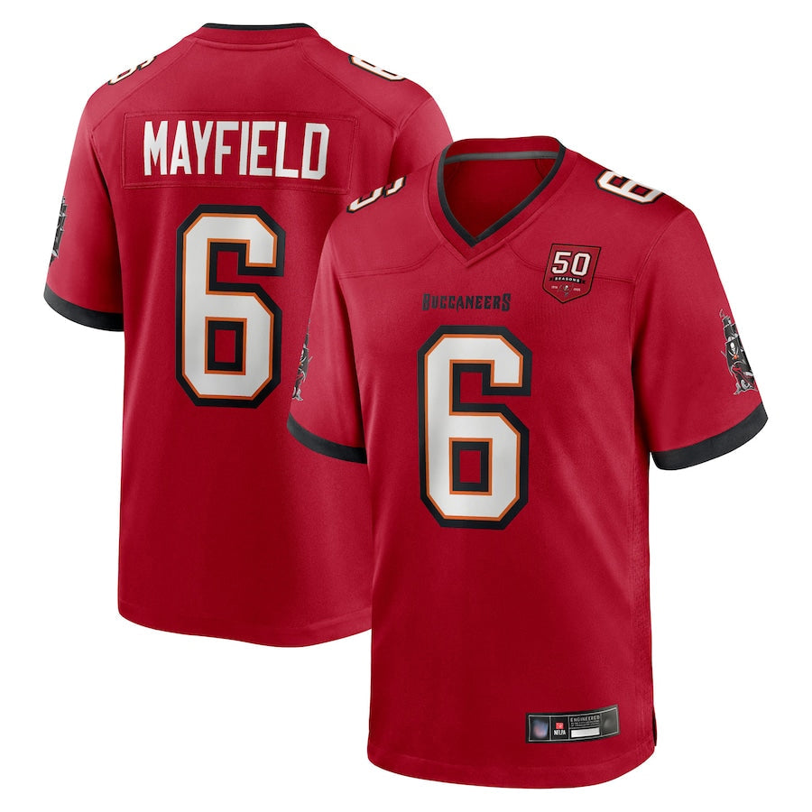 Yuxns TB.Buccaneers #6 Baker Mayfield Player Red 50th Anniversary Game Football Jerseys
