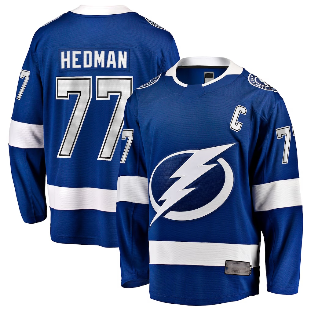 Yuxns TB.Lightning #77 Victor Hedman Blue Home Captain Patch Breakaway Jerseys