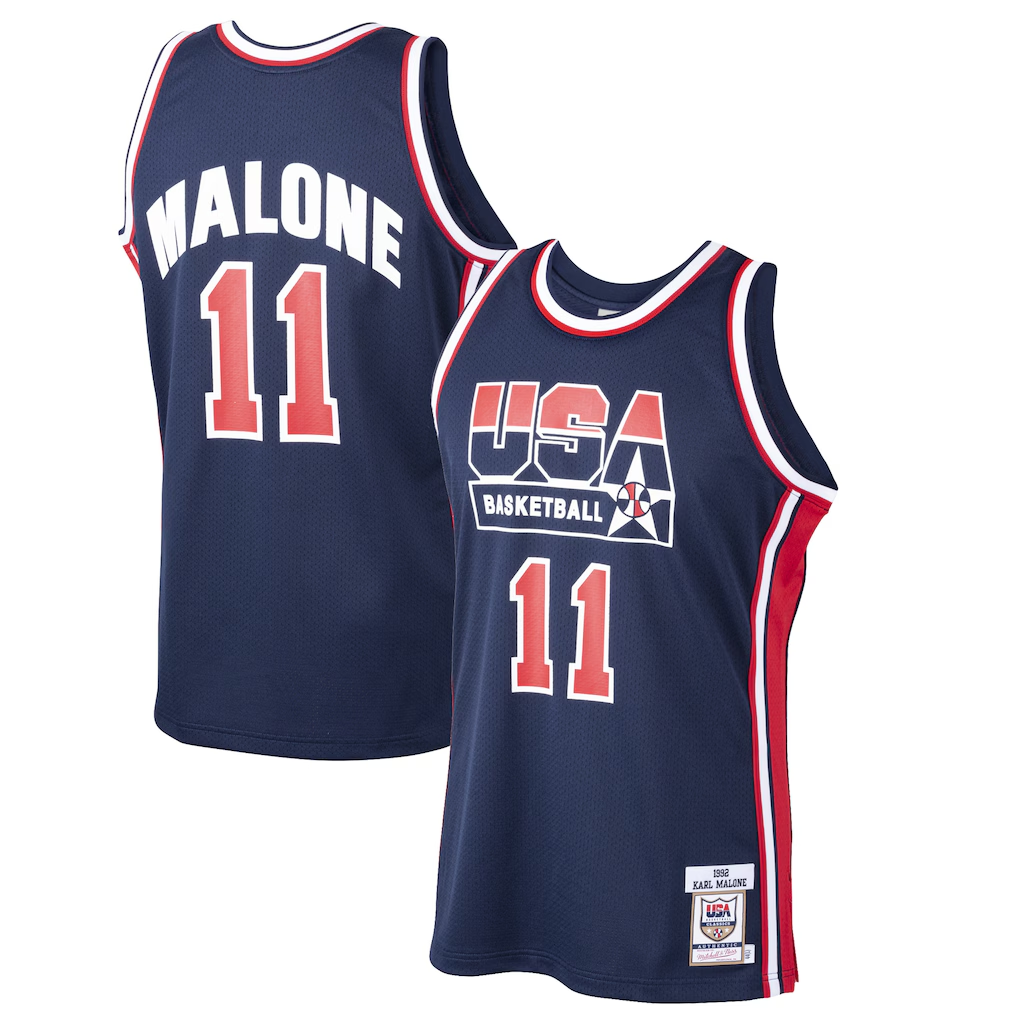 Yuxns U.Jazz #11 Karl Malone Mitchell & Ness Navy 1992 Dream Team Authentic Stitched Jerseys