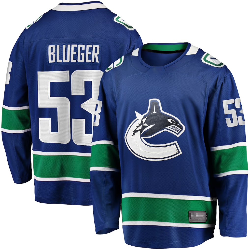 Yuxns V.Canucks #53 Teddy Blueger Blue Home Breakaway Jerseys