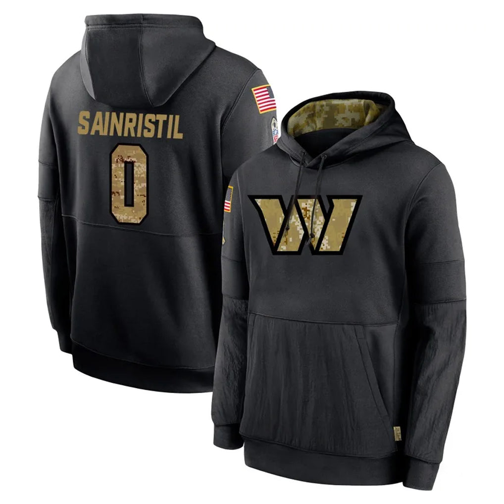 Yuxns W.Commanders #0 Mike Sainristil Player Black Salute to Service Performance Pullover Hoodies Home Game Stitched Jerseys