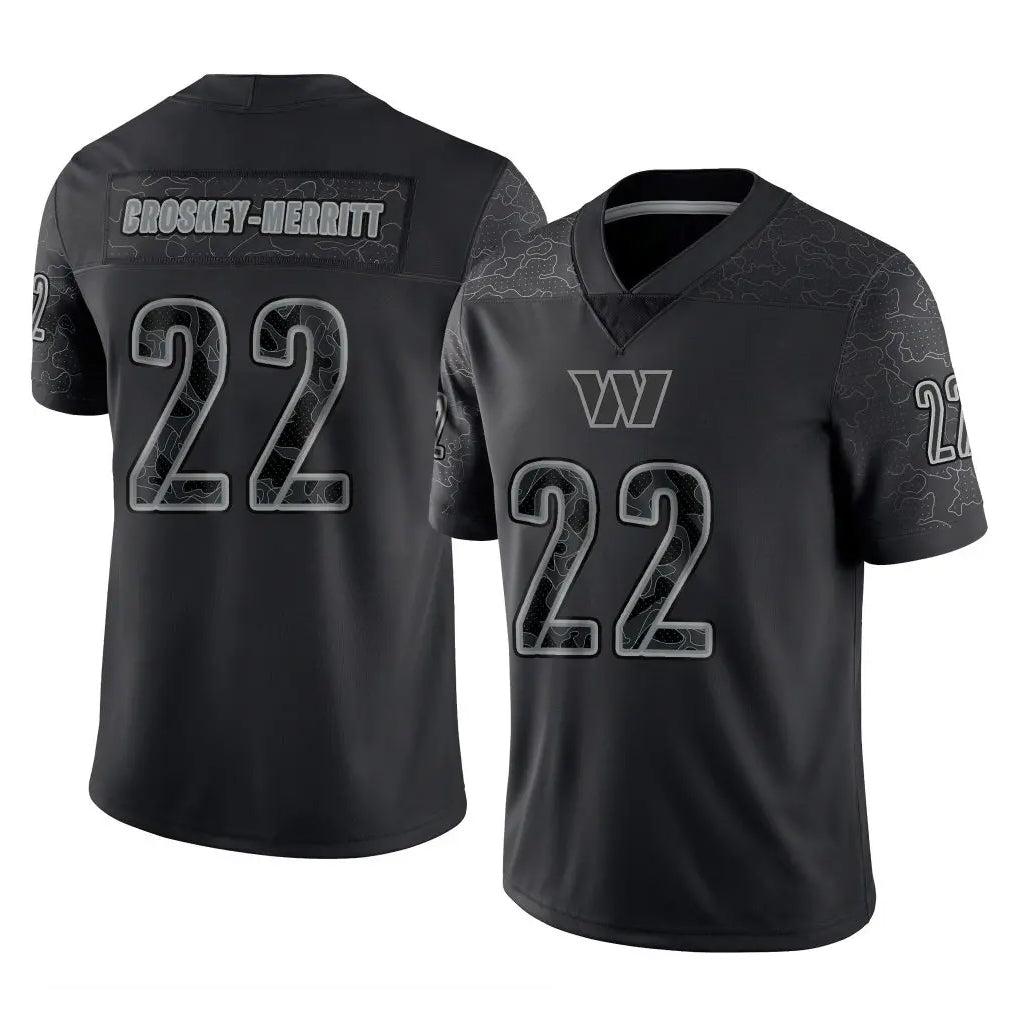 Yuxns W.Commanders #22 Jacory Croskey-Merritt Player Black Limited Reflective Home Game Stitched Jerseys