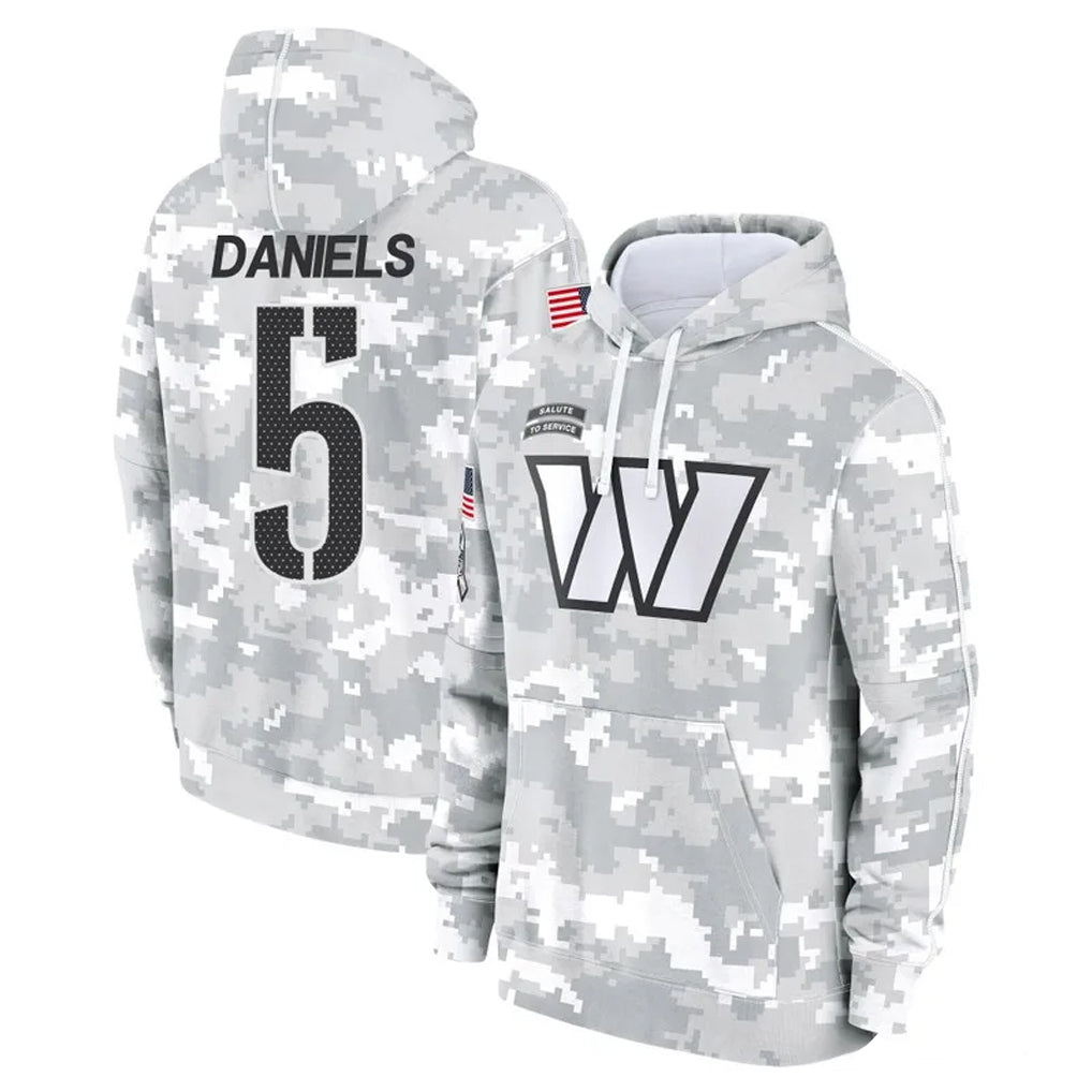 Yuxns W.Commanders #5 Jayden Daniels Player Arctic Camo Limited Salute to Service Pullover Hoodies Game Stitched Jerseys