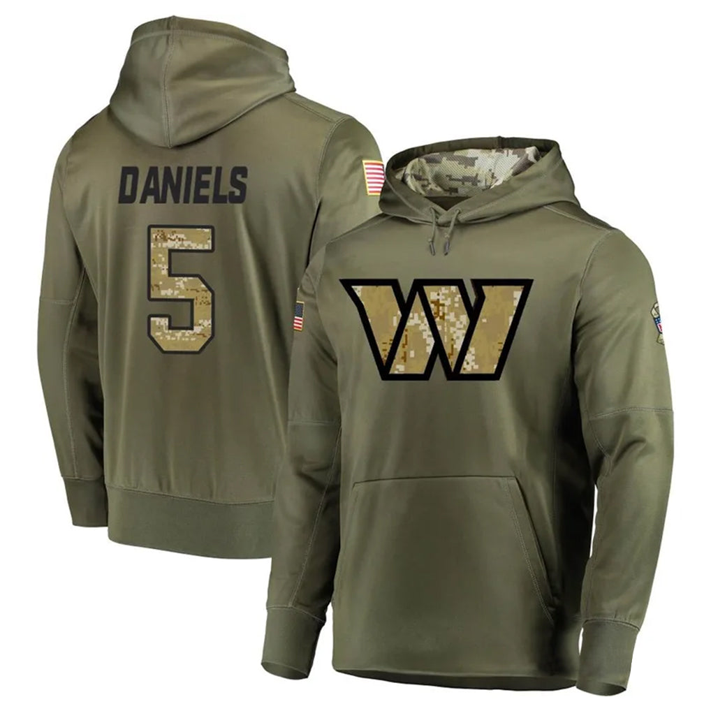 Yuxns W.Commanders #5 Jayden Daniels Player Olive Salute to Service Hoodies Stitched Jerseys
