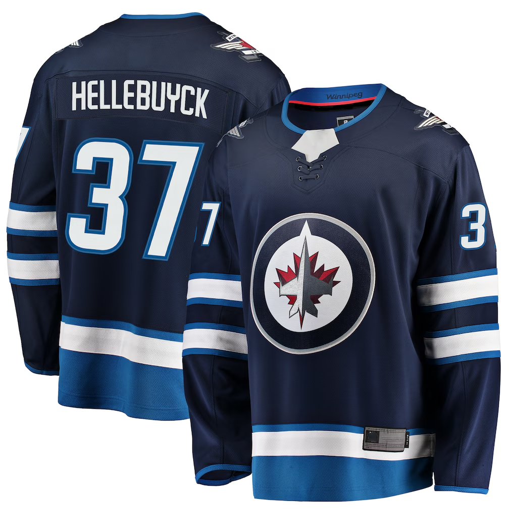 Yuxns W.Jets #37 Connor Hellebuyck Navy Breakaway Replica Jerseys